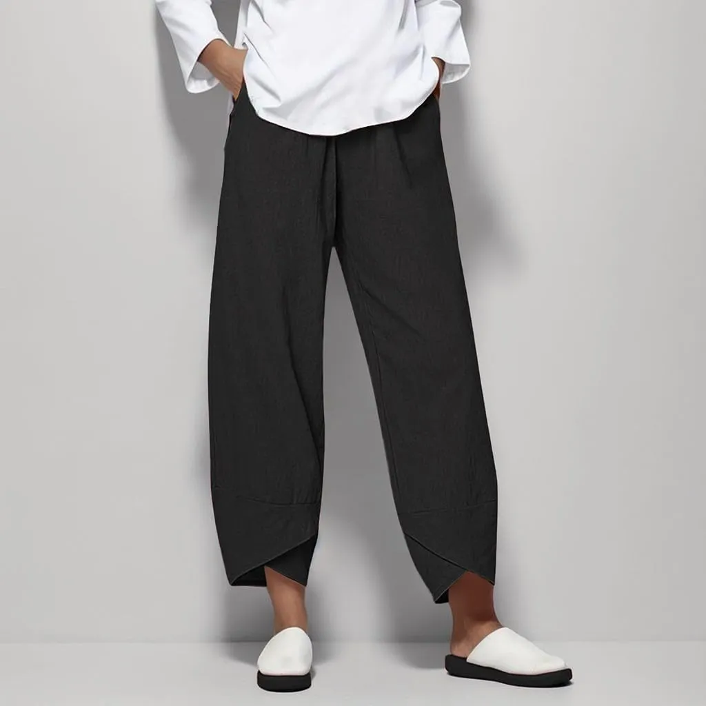 Womens Pants Casual Cotton Linen Plus Size Elastic Waist Capris Summer Loose Lightweight Cropped Pants with Pockets