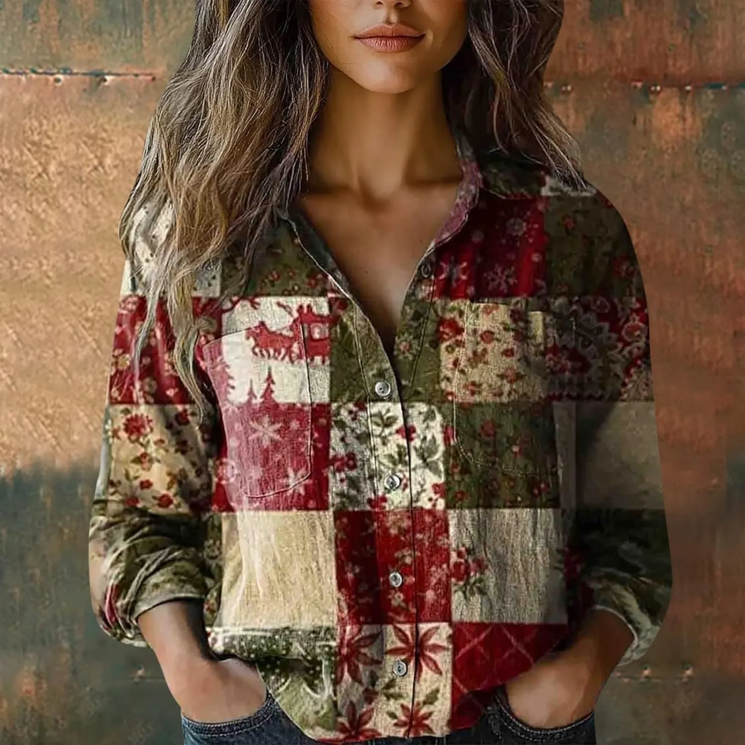 Women's Vintage Floral Print Button Down Shirt Fashion Lightweight Linen Long Sleeve Blouse Boho Ethnic Casual Tops