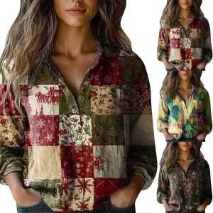 Women's Vintage Floral Print Button Down Shirt Fashion Lightweight Linen Long Sleeve Blouse Boho Ethnic Casual Tops