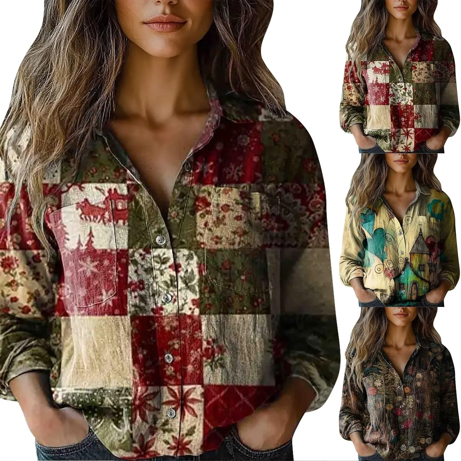 Women's Vintage Floral Print Button Down Shirt Fashion Lightweight Linen Long Sleeve Blouse Boho Ethnic Casual Tops
