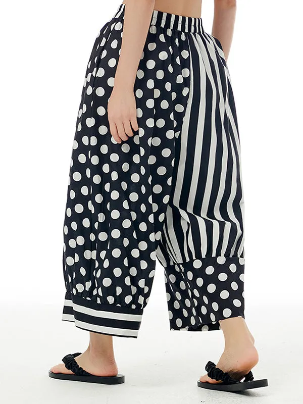 xakxx Loose Wide Leg Contrast Color Elasticity Polka-Dot Split-Joint Striped Cropped Trousers Pants