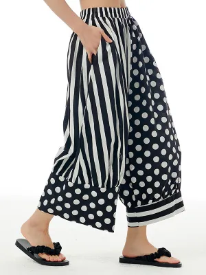 xakxx Loose Wide Leg Contrast Color Elasticity Polka-Dot Split-Joint Striped Cropped Trousers Pants