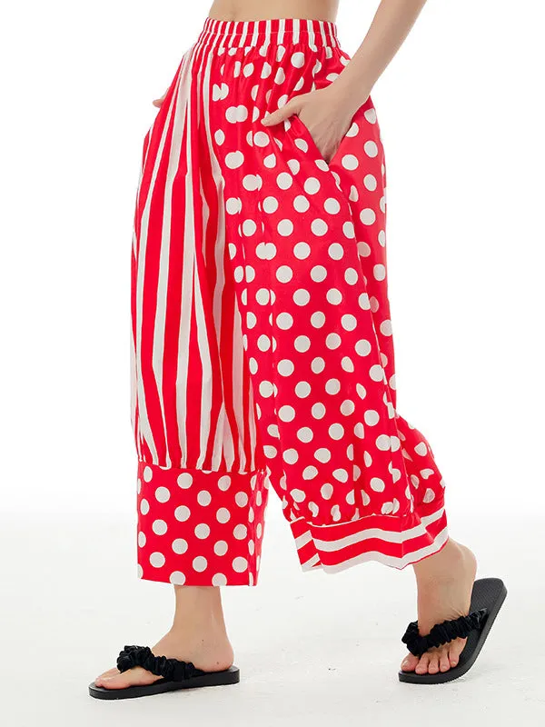 xakxx Loose Wide Leg Contrast Color Elasticity Polka-Dot Split-Joint Striped Cropped Trousers Pants