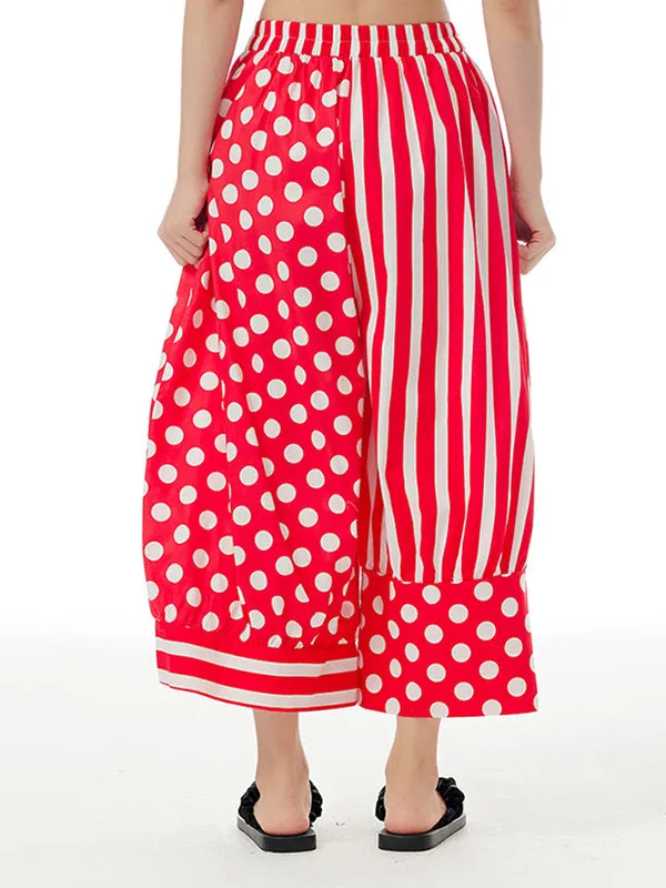 xakxx Loose Wide Leg Contrast Color Elasticity Polka-Dot Split-Joint Striped Cropped Trousers Pants