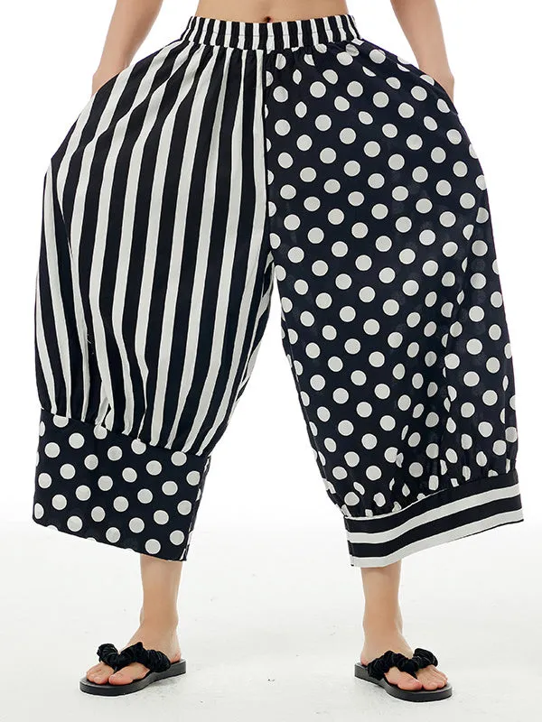 xakxx Loose Wide Leg Contrast Color Elasticity Polka-Dot Split-Joint Striped Cropped Trousers Pants