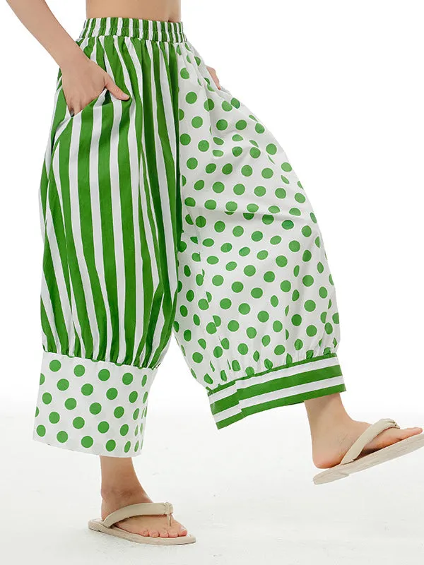 xakxx Loose Wide Leg Contrast Color Elasticity Polka-Dot Split-Joint Striped Cropped Trousers Pants